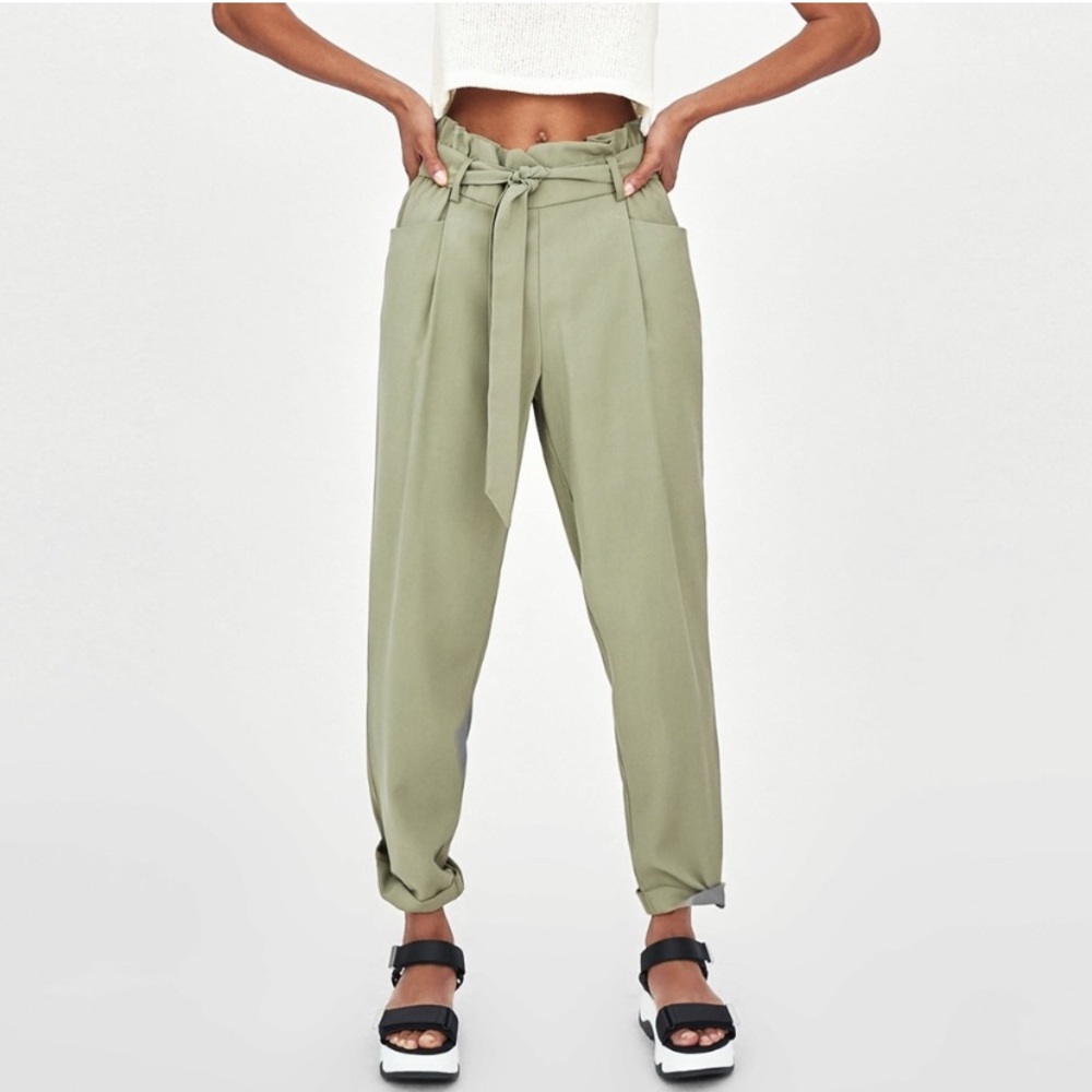 ZARA TRF COLLECTION Green High-Waist Paperbag Straight‎ Leg Pants Size Small